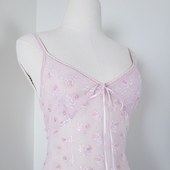 Y2K Lace Camisole Pastel Pink Sheer Mesh Slip Nightgown Tank Top - Picture 8 of 12